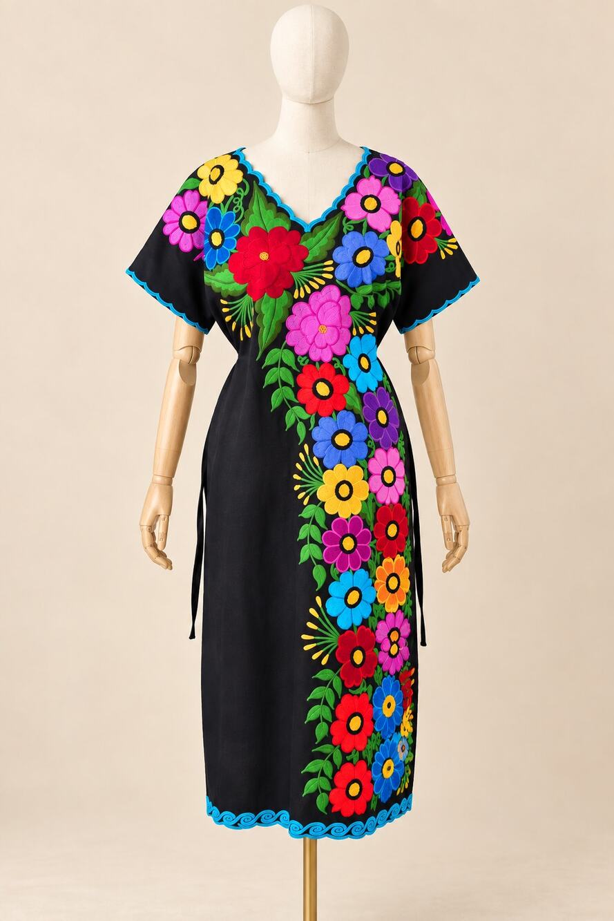 Solei Mexican Embroidered Floral Dress Black Cotton XL Chiapas Artisan NWT
